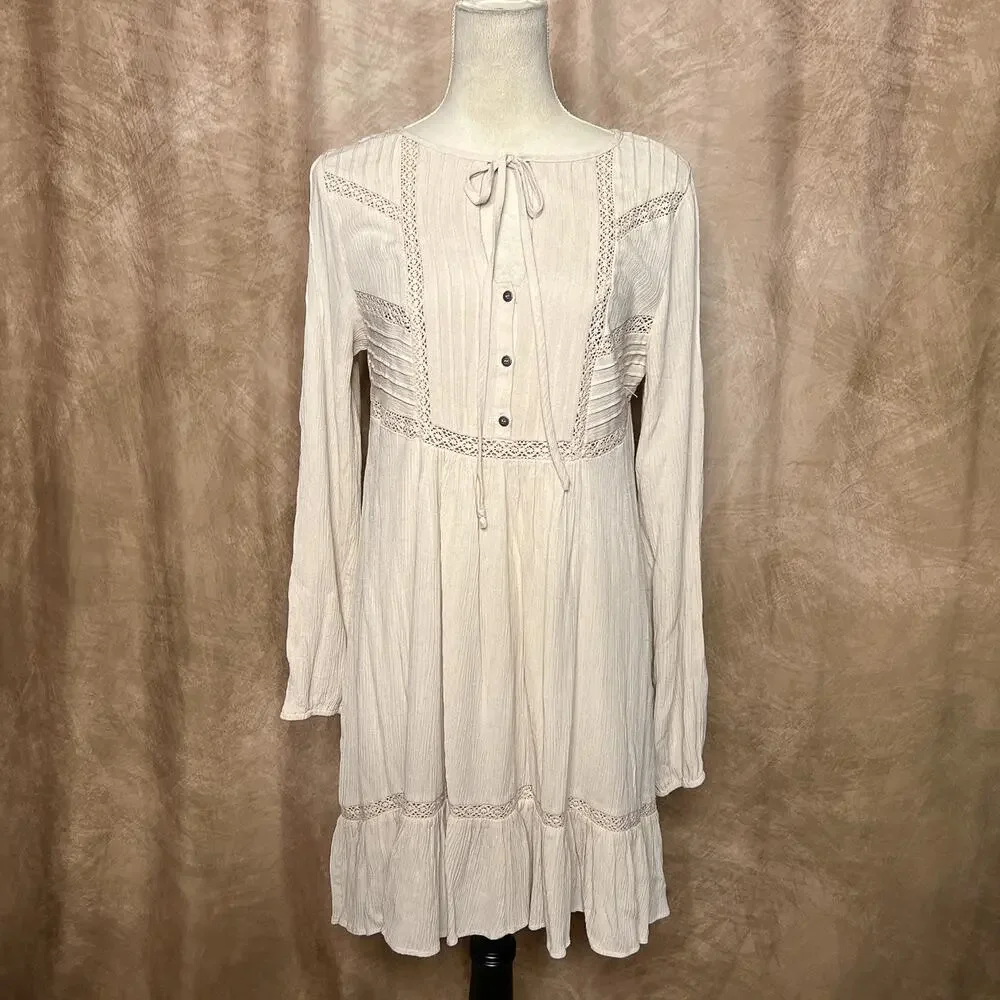 Free People Sweet Treat Mini Shirt Dress Crinkle Long Sleeve Tunic Cream Peasant